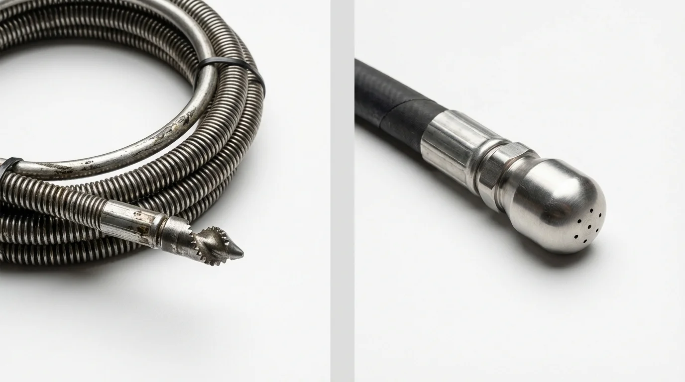 Drain snake cable and hydro jetting nozzle used for drain cleaning in Jennings, LA