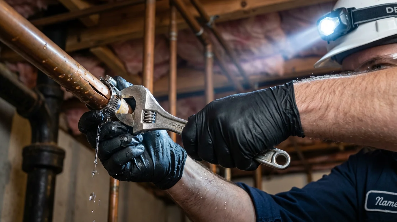 Emergency pipe clamp repair being performed by a Johns Plumbing LLC plumber in Jennings