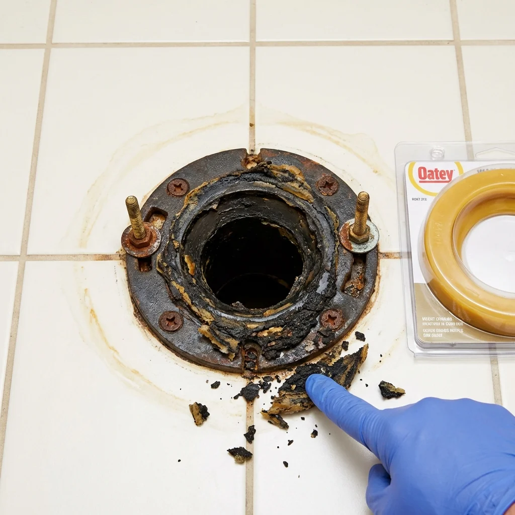 Failed wax ring showing water seepage at the base of a toilet in a Jennings, LA home