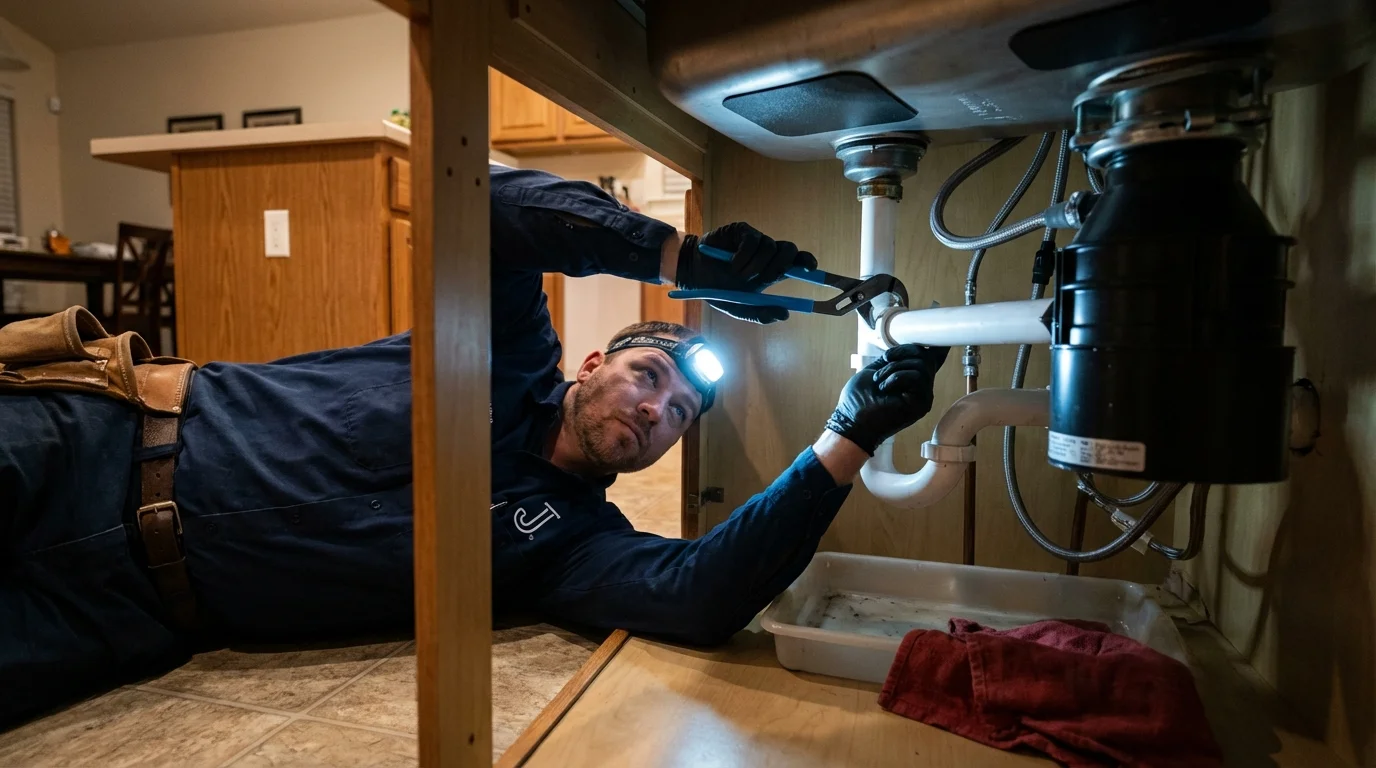 P-trap and supply line connections under a kitchen sink showing a common leak point in Jennings, LA